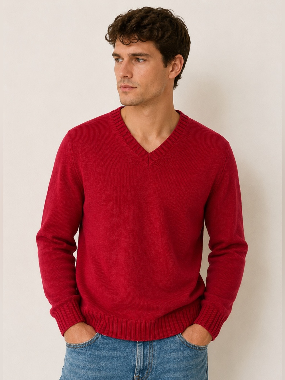 L.L. Bean Men’s Medium Red V-Neck Sweater 100% Cotton Knit 21x27